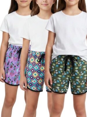 Laksima Girls' Kaleidoscope Dreams Multicolor Cotton Shorts with pack of 3pk (Random Colors)