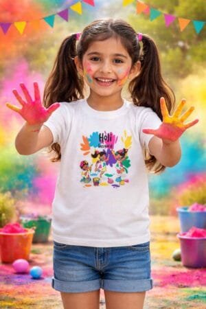 Playful Holi Festival's Pure White Cotton Round Neck T-Shirt for Girls(5 Months to 16 Years) Holi Tshirt